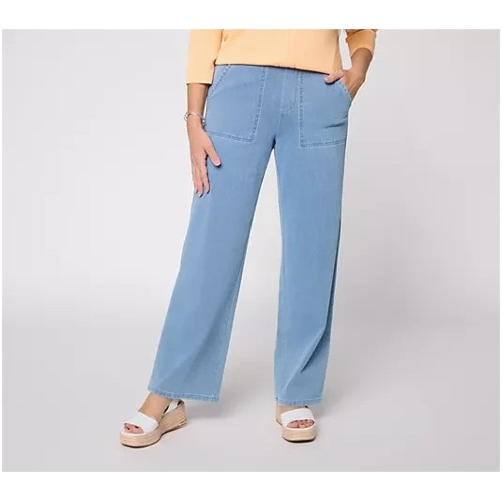 Denim & Co. Petite Comfy Knit Air Wide Leg Pants with Pockets Sky Wash, Petite M